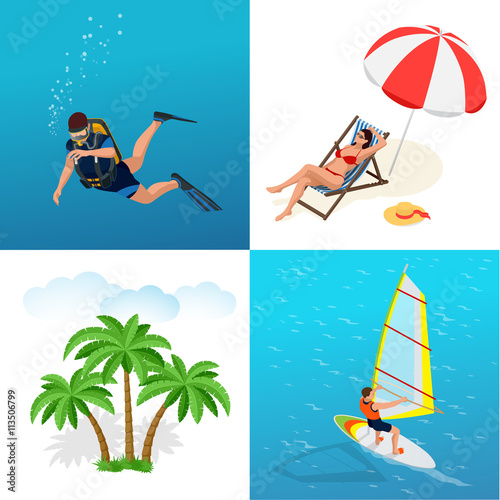 Beach icon set. Girl in a swimsuit on a deck chair, Scuba diver, sun umbrella, palm, Windsurfer on a board for windsurfing. Flat 3d vector isometric illustration.