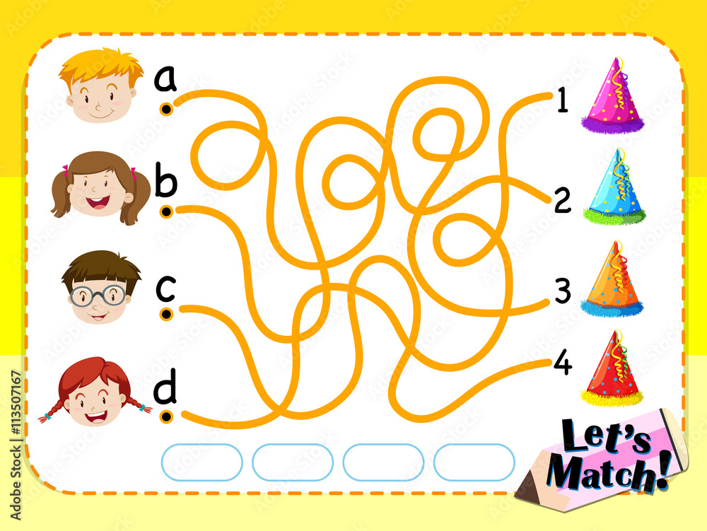 Obraz premium Game template with matching kids and hats