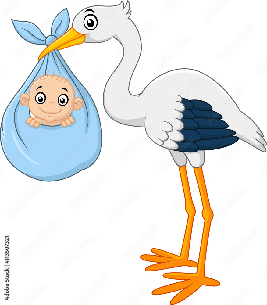 Naklejka premium Cartoon stork carrying baby