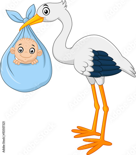 Cartoon stork carrying baby