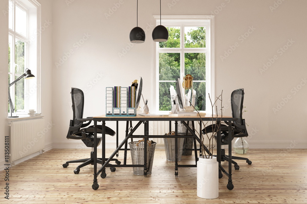 Fototapeta premium 3D render of empty home office with hardwood floor