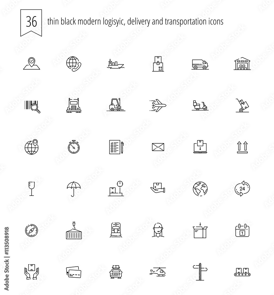36 thin black modern linear icons of logistic, delivery and tran