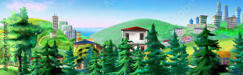 Rural Landscape with Spruce Trees and Buildings on Background