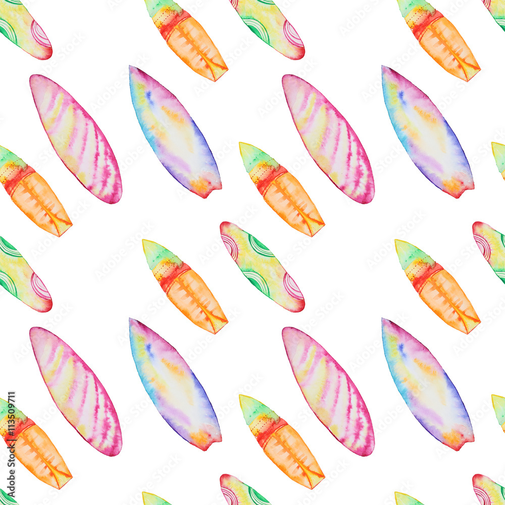 Surfboard watercolor seamless pattern