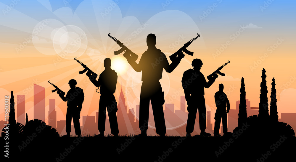 Silhouette of man holding rifle, city in background Silhouette of man holding rifle, city in background