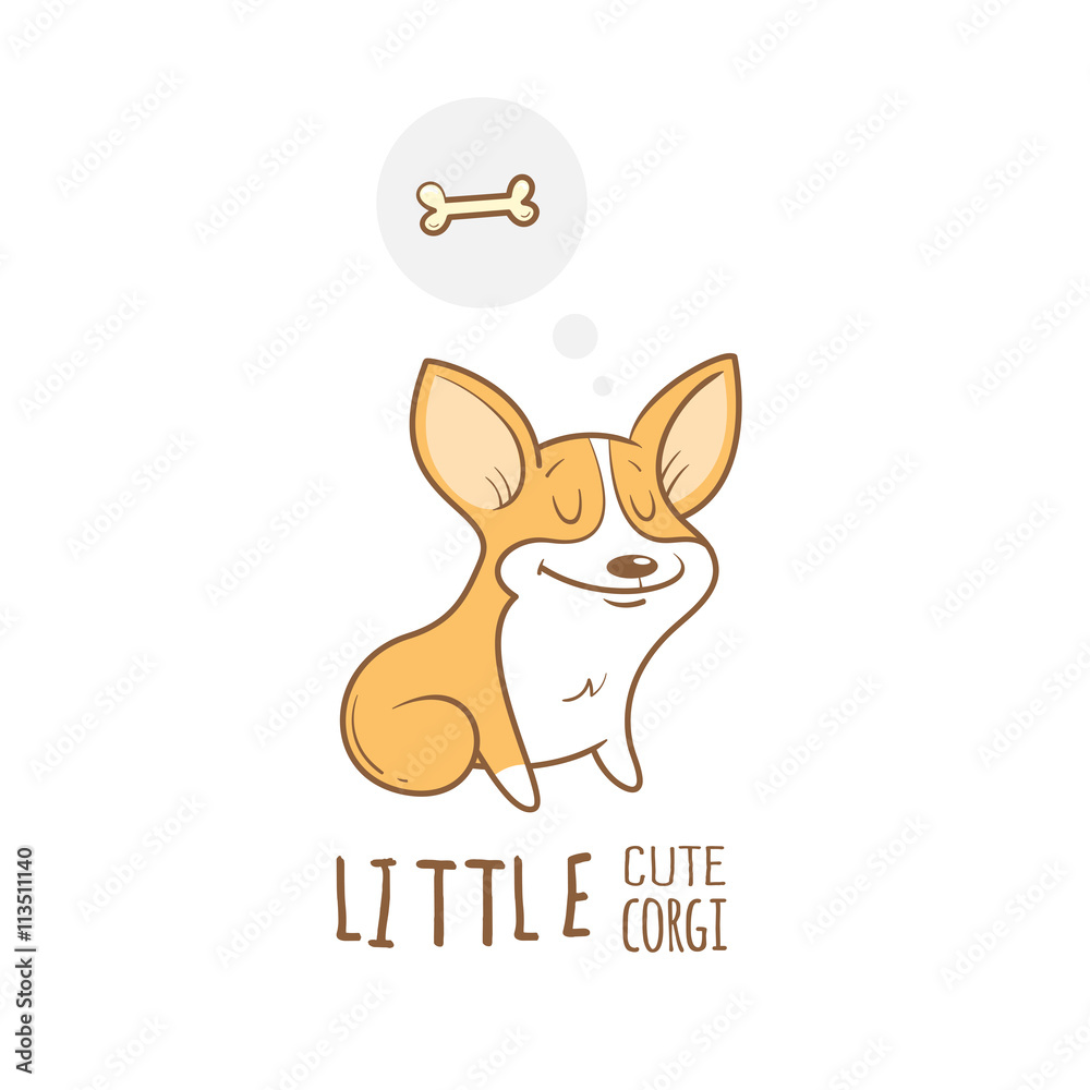 Card with cute cartoon dog breed Welsh Corgi Pembroke and bone. Children's illustration. Little puppy. Funny baby animal. Vector image.