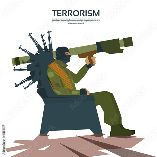 Criminal in mask holding bazooka against white background
