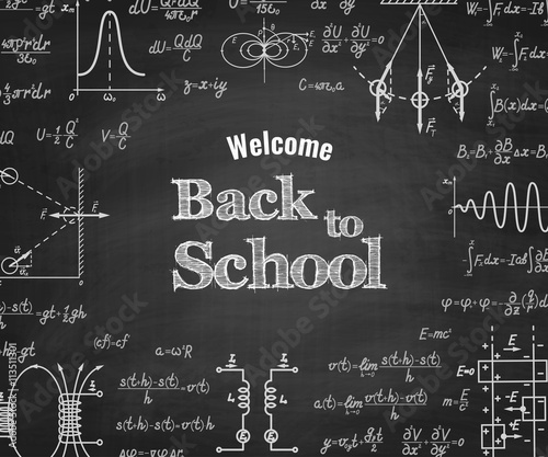 Welcome back to school with formula on blackboard.