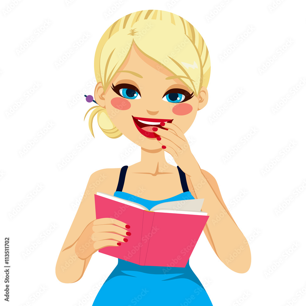 Beautiful blonde girl happy reading interesting pink book Beautiful blonde girl happy reading interesting pink book