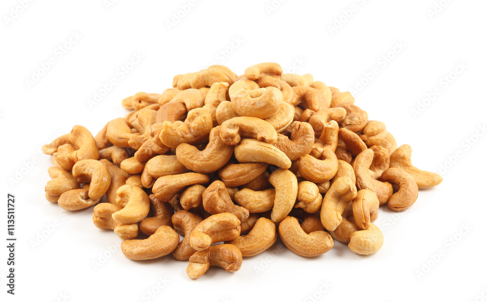 roasted cashew nuts with salt on white background roasted cashew nuts with salt on white background