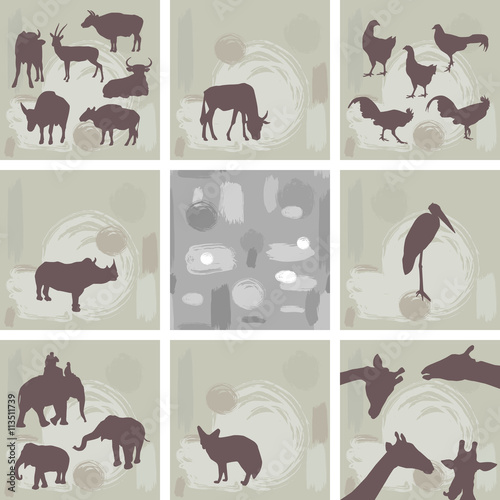 large set ofAfrican animals and abstract seamless pattern. Silhouette. Vector