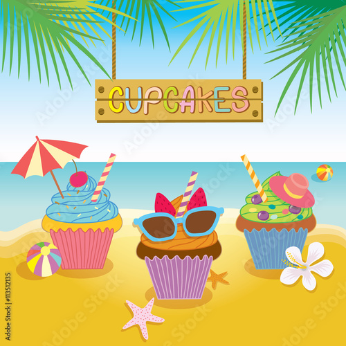 Illustration vector of fantasy cupcakes for summer concept theme of party.Beach background and colorful.