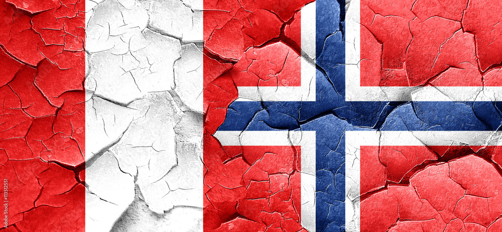 Peru flag with Norway flag on a grunge cracked wall Peru flag with Norway flag on a grunge cracked wall