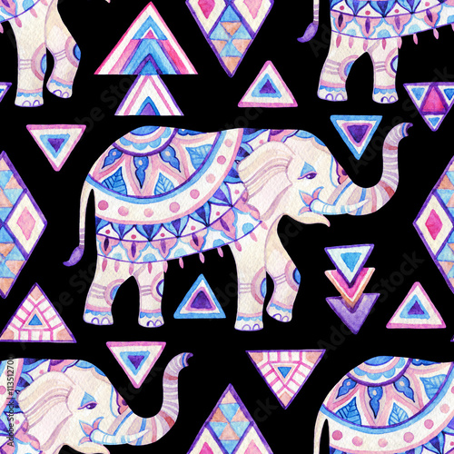 Indian elephant watercolor with tribal elements seamless pattern