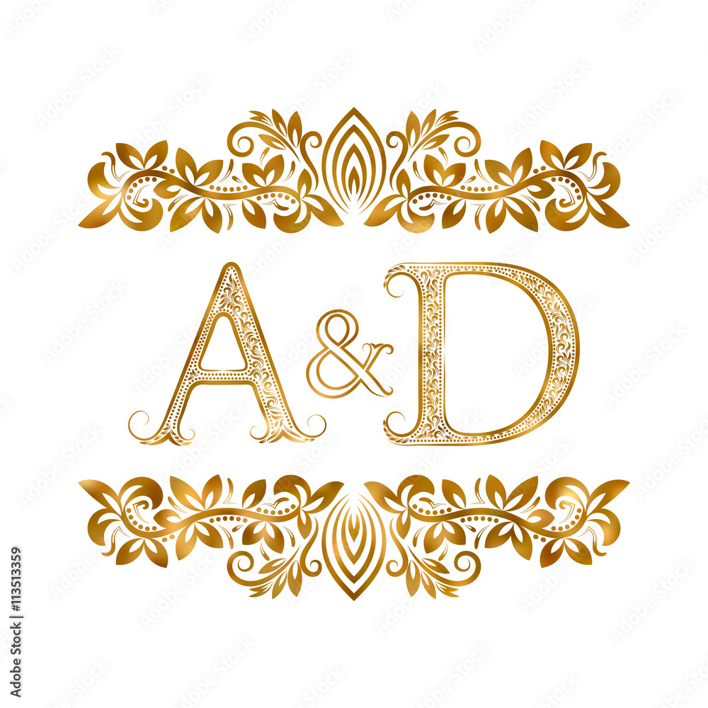 A&D vintage initials logo symbol. Letters A, D, ampersand surrounded floral  ornament. Wedding or business partners initials monogram in royal style.  Stock Vector