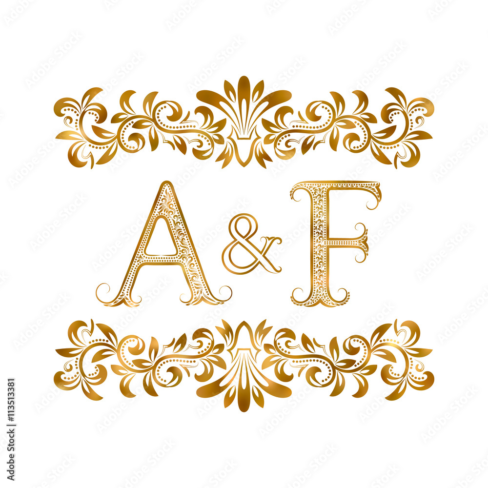Vetor de A&F vintage initials logo symbol. Letters A, F, ampersand  surrounded floral ornament. Wedding or business partners initials monogram  in royal style. do Stock