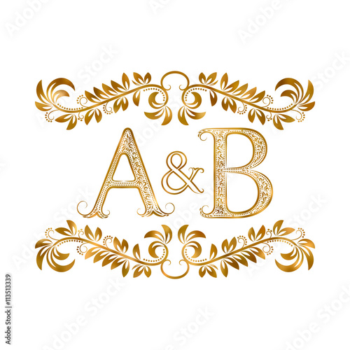 A&B vintage initials logo symbol. Letters A, B, ampersand surrounded floral ornament. Wedding or business partners initials monogram in royal style.