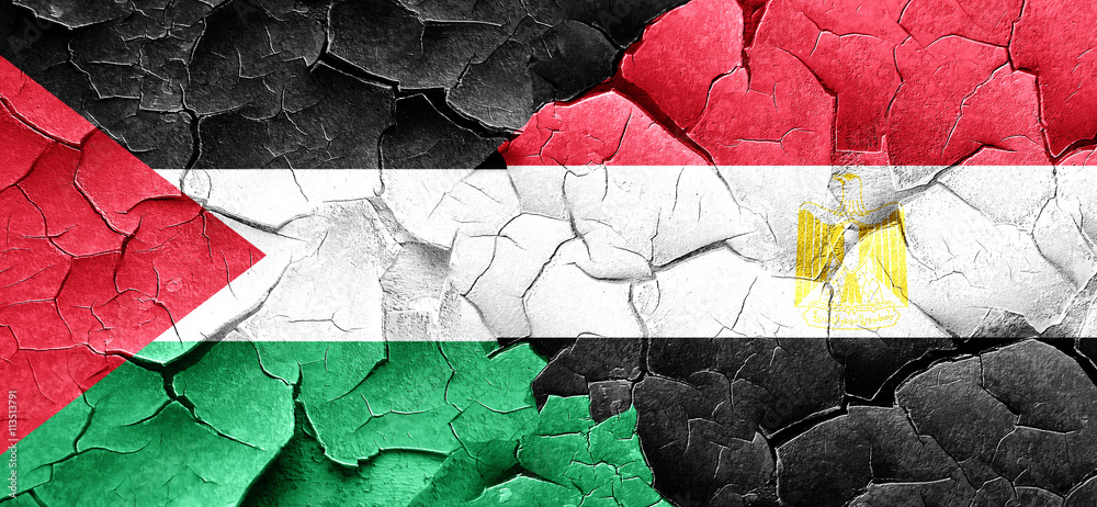 palestine flag with egypt flag on a grunge cracked wall