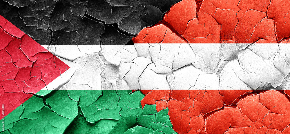 palestine flag with Austria flag on a grunge cracked wall