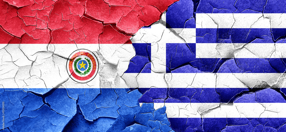 Paraguay flag with Greece flag on a grunge cracked wall