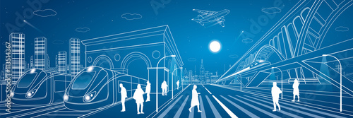 Railway station, big bridge, train move on the bridge, people waiting for the train on square, industrial and transport panorama, metro, city road, airplane fly, vector design art