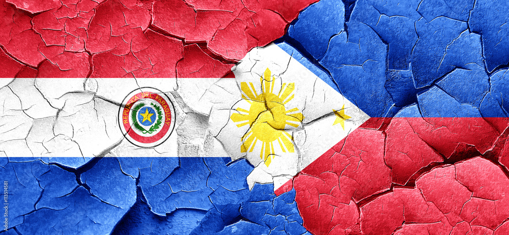 Paraguay flag with Philippines flag on a grunge cracked wall