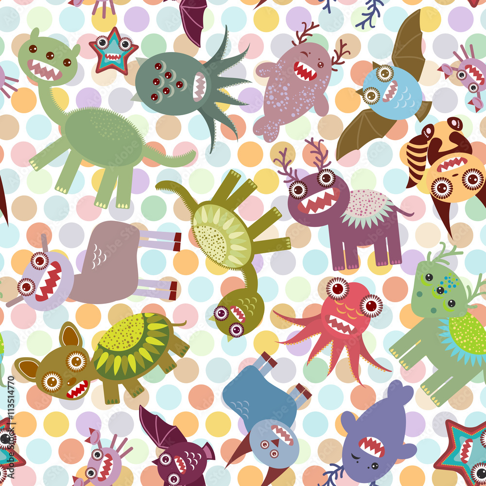 Naklejka premium Polka dot background, seamless pattern. Funny cute dinosaur monsters. Vector