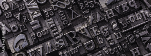 Metal Letterpress Types.
A background from many historic typographical letters in black and white with white background.
 photo