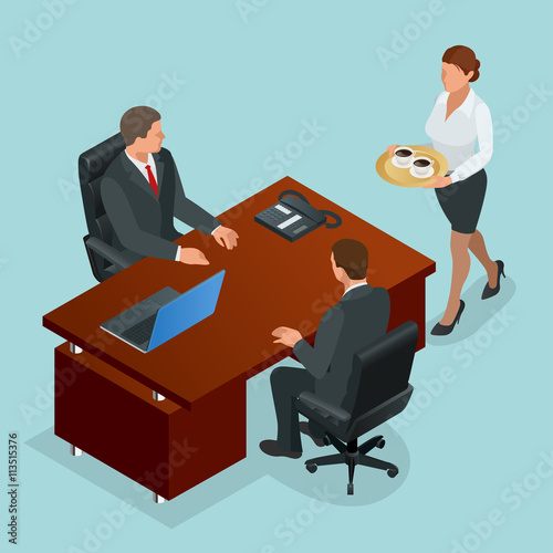 Secretary carries coffee for company director and businessman. Interior of real estate agency. Flat 3d Vector isometric illustration.