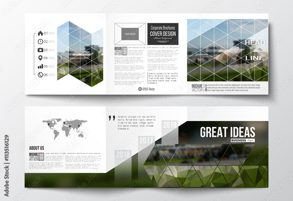 Vector set of tri-fold brochures, square design templates. Colorful polygonal background, blurred image, airport landscape, modern stylish triangular texture