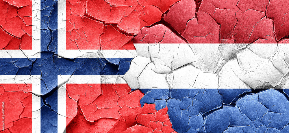 norway flag with Netherlands flag on a grunge cracked wall norway flag with Netherlands flag on a grunge cracked wall