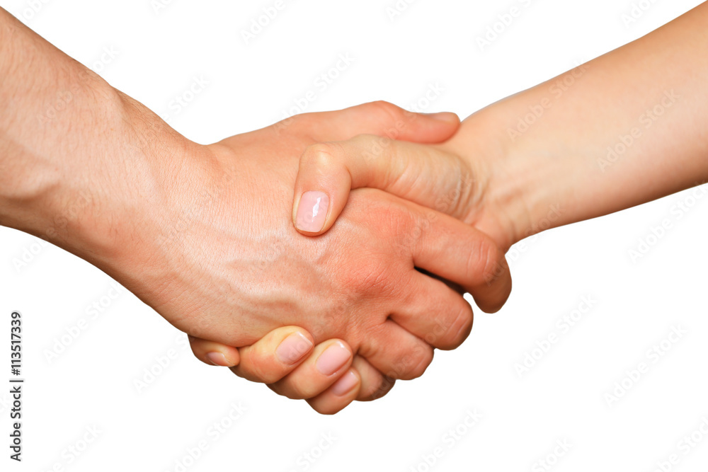 Man and woman shaking hands, isolated on white Man and woman shaking hands, isolated on white