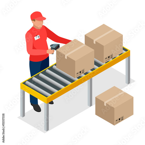 Warehouse manager or warehouse worker with bar code scanner checking goods on storage racks. Stock taking job. Flat 3d vector isometric illustration.