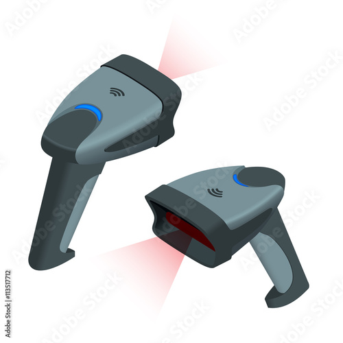 The manual scanner of bar codes. Flat 3d vector isometric illustration.