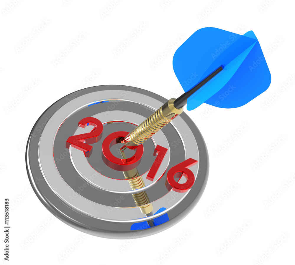 Dart hitting target - New Year 2016. 3D illustration.