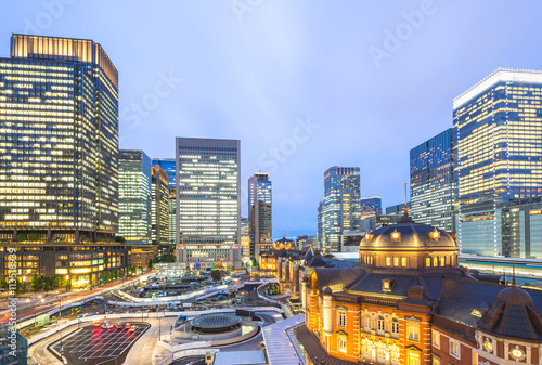 Photography modern office buildings in business center in tokyo