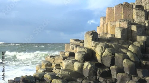 The Giant's Causeway with sea and exagonal rocks formation, Bushmills, Antrim, Northern Ireland, UK