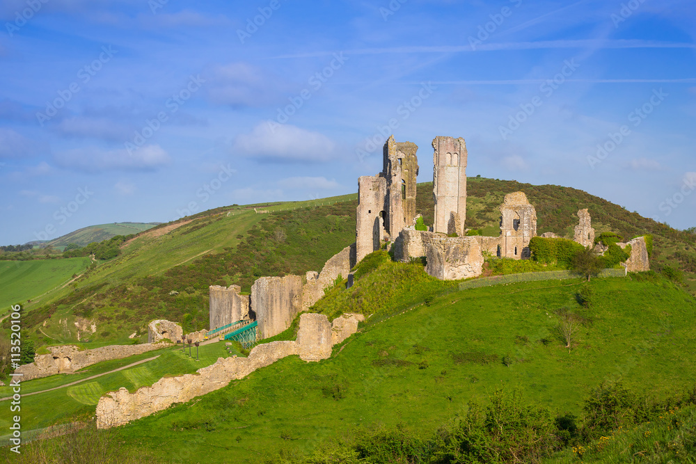 Ruins of the Corfe castle in County Dorset, UK