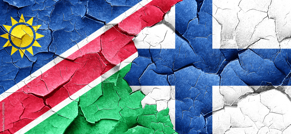 Namibia flag with Finland flag on a grunge cracked wall