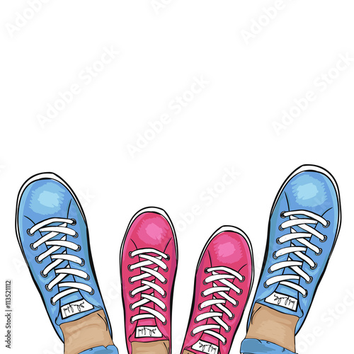 Summer trendy sports shoes. Feet in sports shoes sneakers. Loving couple in gym shoes. Vector