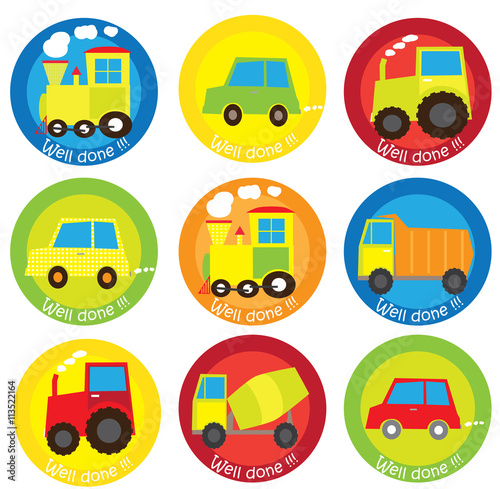 Motivational stickers set for boys with text  / well done / and  cartoon vehicles 
