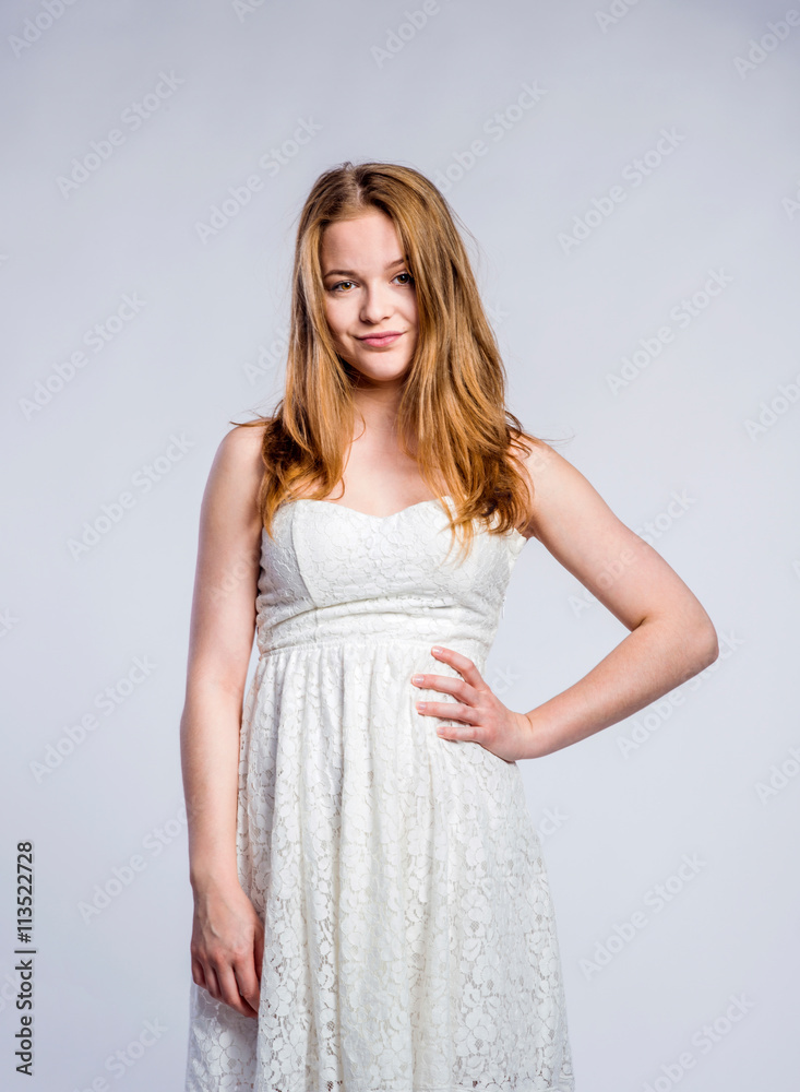 Girl in white lace summer dress, woman, studio shot