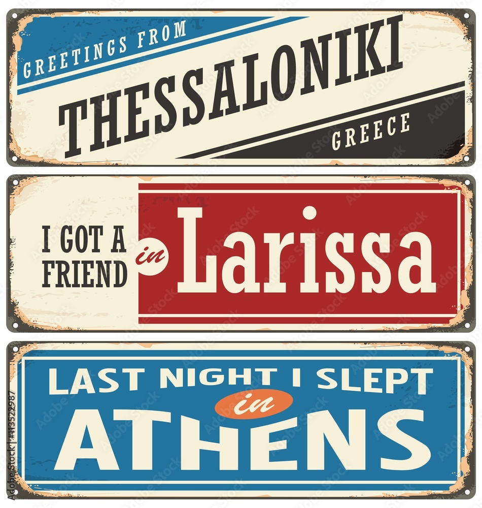 Plakat Retro znaki zestaw z miastami w Grecji