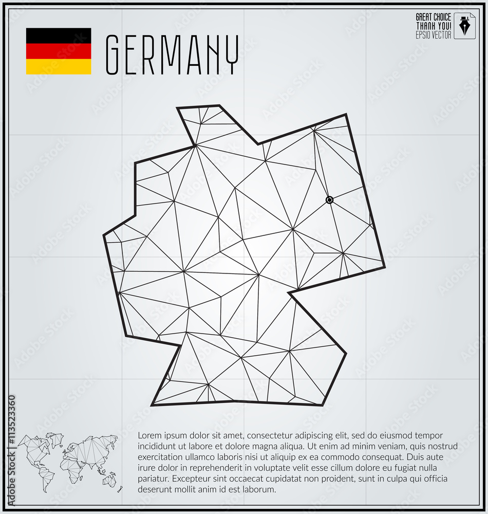 Fototapeta premium Germany map in geometric polygonal style. Polygonal abstract world map. Vector illustration. Germany flag. Berlin pointer.