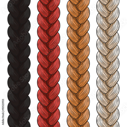 Set of vector colored pigtails. Seamless patterns.