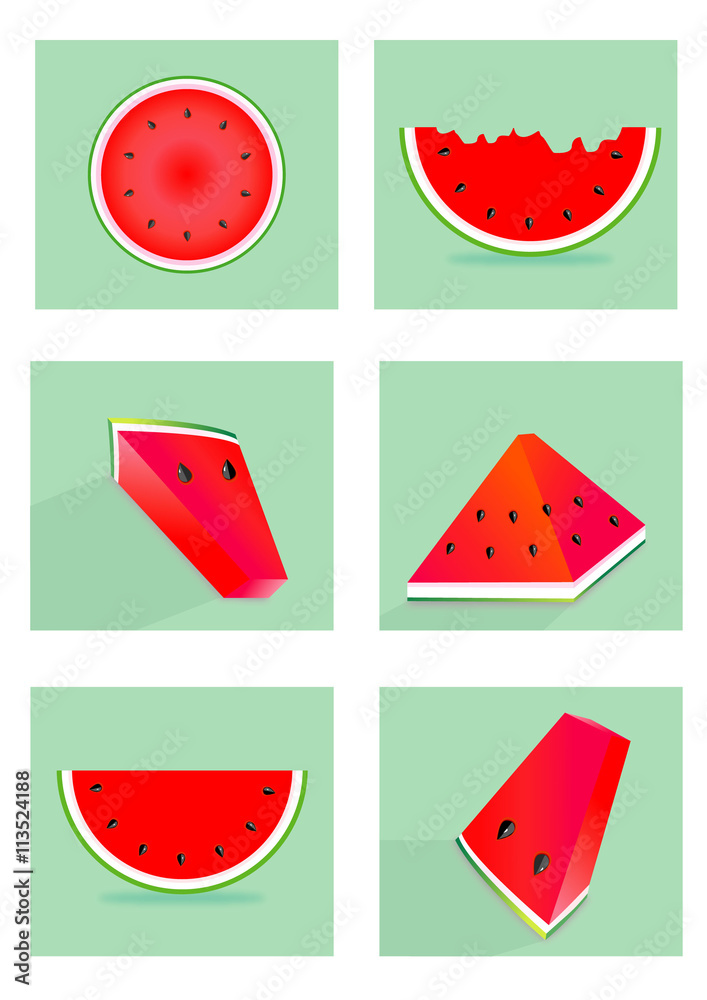 Watermelon red collection and one piece on a green background with the shadow
Watermelon red collection and one piece on a green background with the shadow