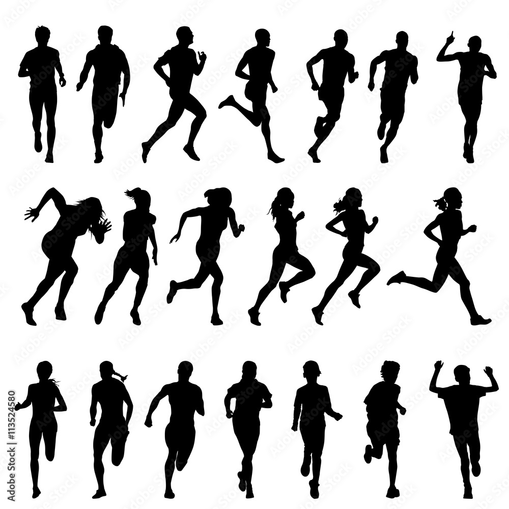 Set of silhouettes of running men, women, kids. Run, runner, sport Set of silhouettes of running men, women, kids. Run, runner, sport