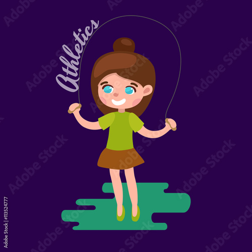 Little girl playing skipping rope white background, athletics kid vector