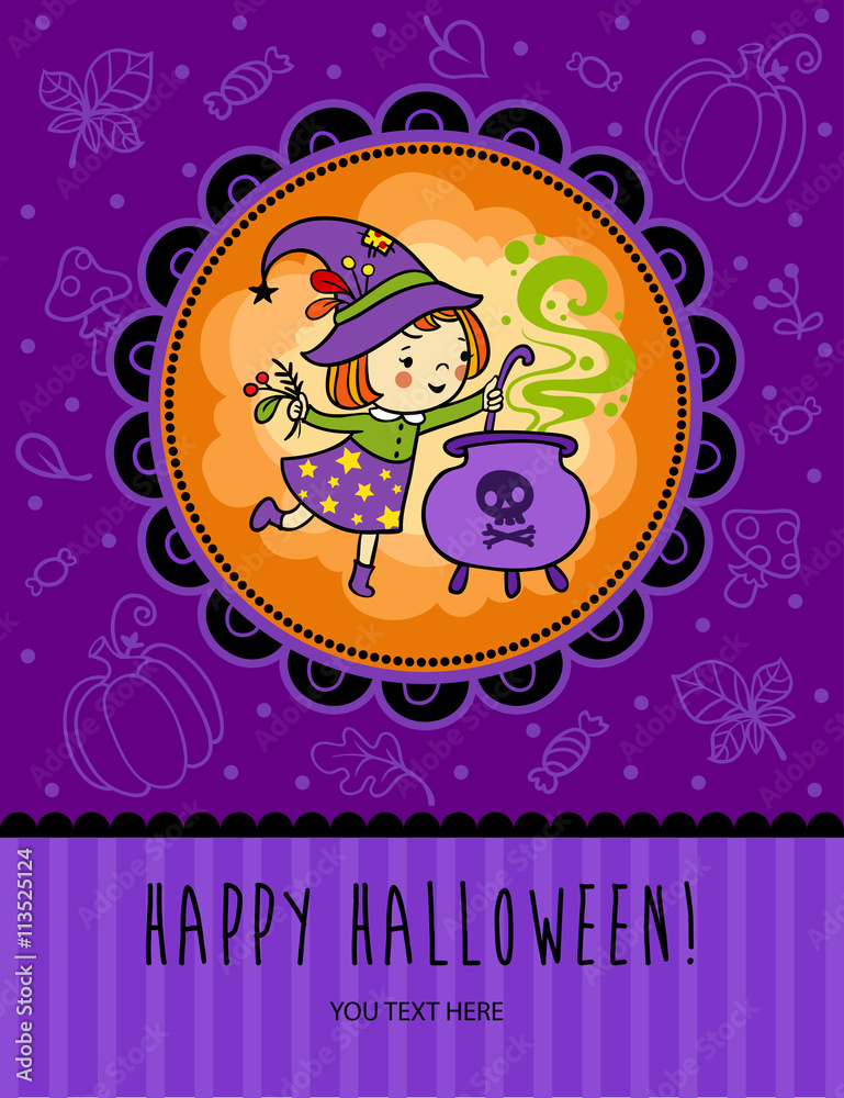 Halloween vector card with funny witch is cooking something poisonous in her cauldron. Halloween vector card with funny witch is cooking something poisonous in her cauldron.