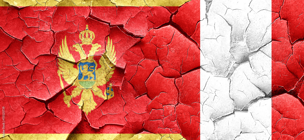 Montenegro flag with Peru flag on a grunge cracked wall